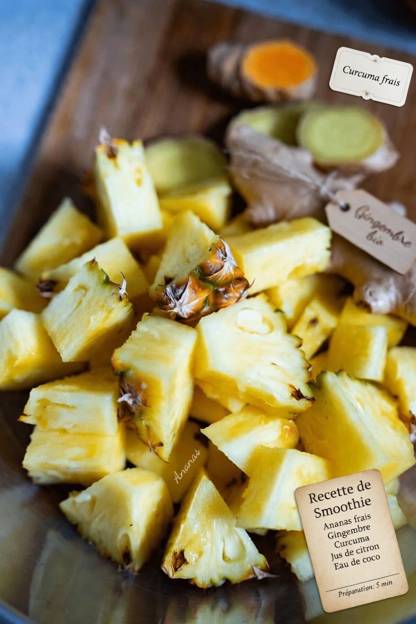 Découvrez cette recette facile de boisson à l’ananas, au gingembre et au curcuma pour soutenir votre routine de bien-être rénal la nuit
