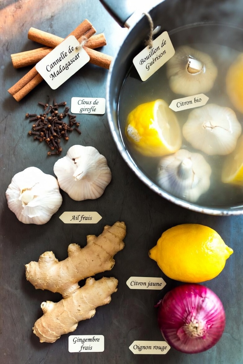 Infusion maison simple aux herbes : exploration de la cannelle, des clous de girofle, de l’ail, du gingembre, du citron et de l’oignon ensemble