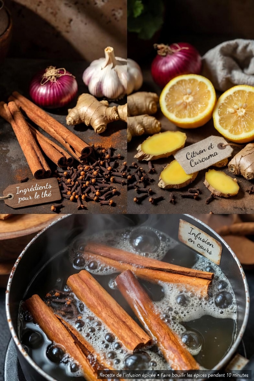 Infusion maison simple aux herbes : exploration de la cannelle, des clous de girofle, de l’ail, du gingembre, du citron et de l’oignon ensemble