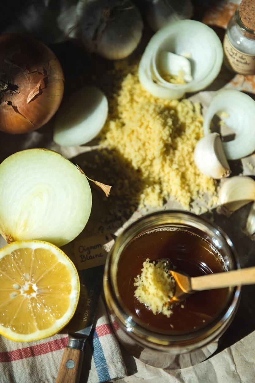 Explorer les bienfaits potentiels pour le bien-être d’un mélange de gingembre, d’ail, d’oignon, de citron et de miel : guide simple de préparation maison