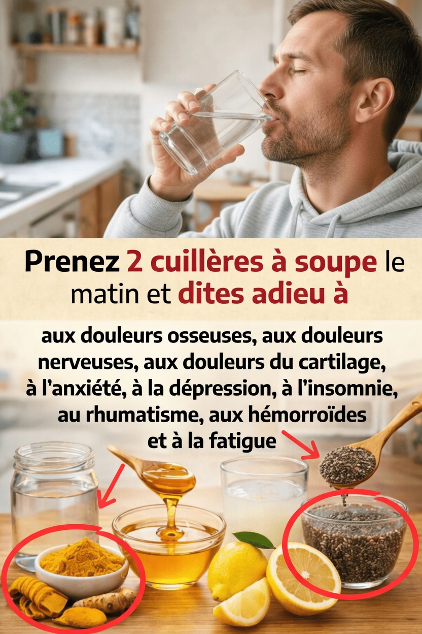 Découvrez ce mélange matinal populaire avec deux cuillères à soupe de curcuma, de gingembre, de citron, de miel et de graines de chia