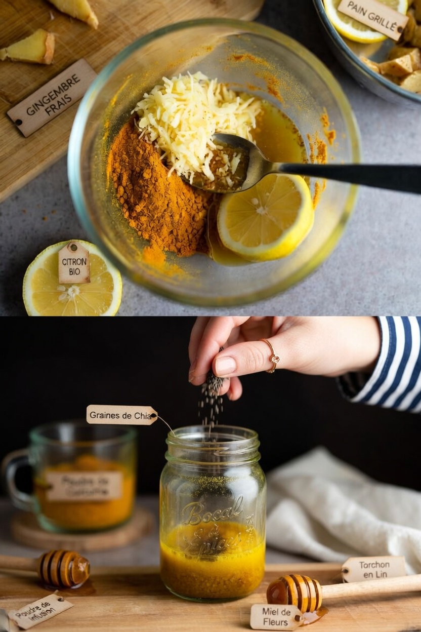 Découvrez ce mélange matinal populaire avec deux cuillères à soupe de curcuma, de gingembre, de citron, de miel et de graines de chia