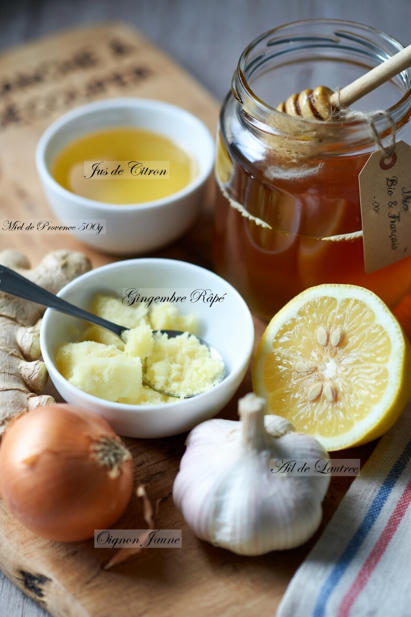 Guide simple pour préparer à la maison un mélange de gingembre râpé, d’oignon, d’ail, de jus de citron et de miel