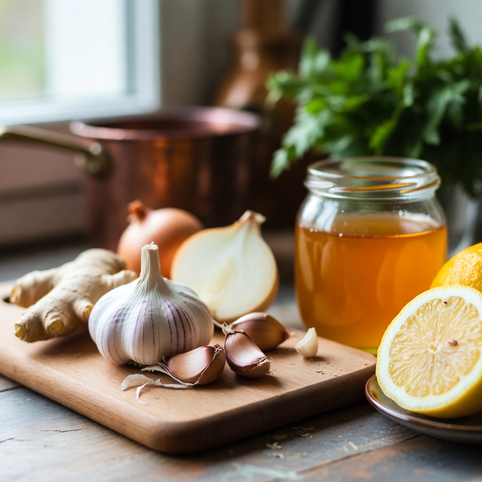 Un remède naturel contre la grippe et le rhume : ail, gingembre, oignon, jus de citron et miel – le coup de boost santé ultime
