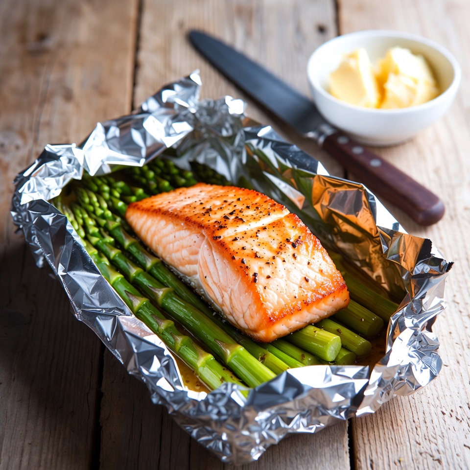 Saumon en papillote au four avec asperges et sauce au beurre citronné à l’ail