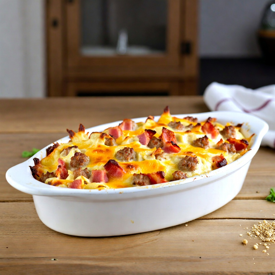 Gratin de petit-déjeuner au bacon, saucisse et fromage